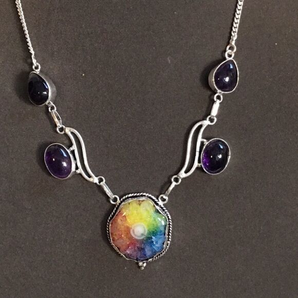 RAINBOW SOLAR AGATE NECKLACE 18” STERLING SILVER - Picture 1 of 16